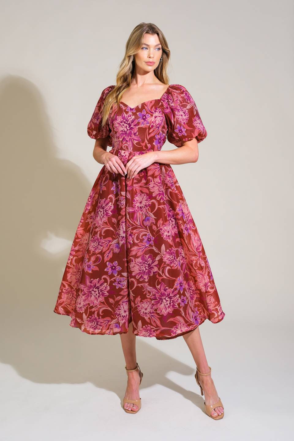 RADIANT DAY FLORAL WOVEN MIDI DRESS Flying Tomato